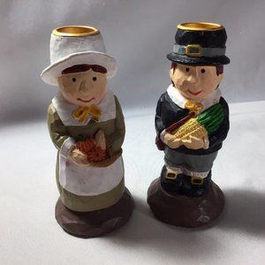Thanksgiving 5” Pilgrim Couple Resin Candle Holders Telaflora
